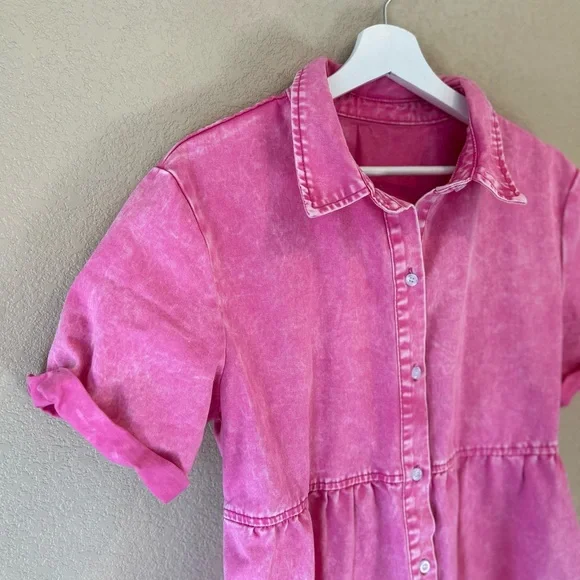 Pink Denim Button-Up Casual Dress Size L Collared Babydoll - Picture 6 of 8